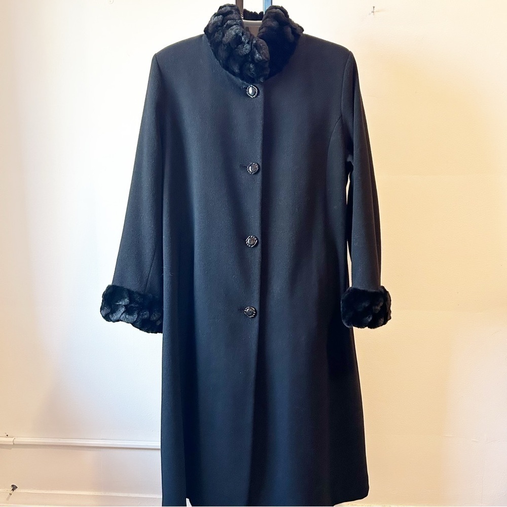 Vintage Laura Black Wool Blend Long Coat with Faux Fur Collar and Cuffs-Sz 15/16